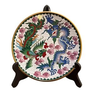 Vintage Asian Cloisonné and Brass Plate Dragon Phoenix Motif Decorative 8" Plate